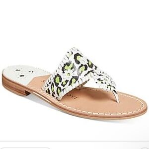 NWT Jack Rogers, Womens, White Neon Green Leopard Leather Thong Sandals, Size 8